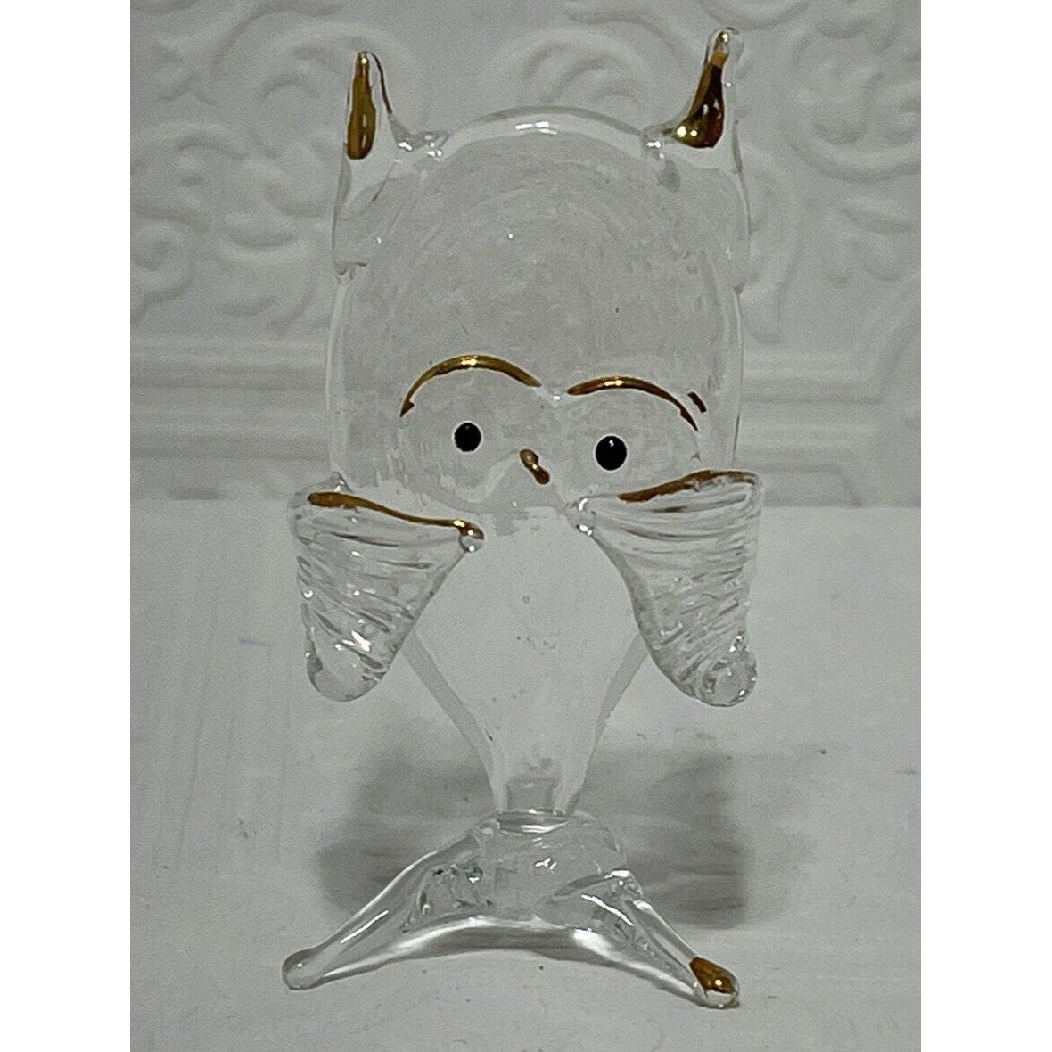Vintage Miniature Clear Glass w gold Accents Owl Figurine