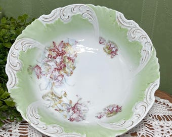 Embossed Serving Bowl Green W Pink Flowers 10 Inch 1800s Antique