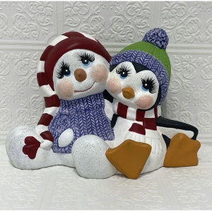 Penguin buddies North Pole hand painted ceramic Piece For The Holidays Christmas