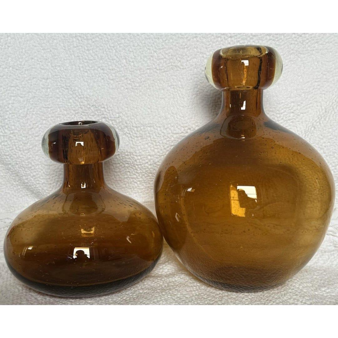 Vintage Amber Rootbeer Color Bottles or Vases Set of 2 Very Heavy