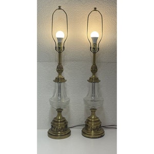 Stiffel 2 Vintage Crystal Cut Glass Brass Table Lamp 34.5&quot; Tall Heavy Beautiful
