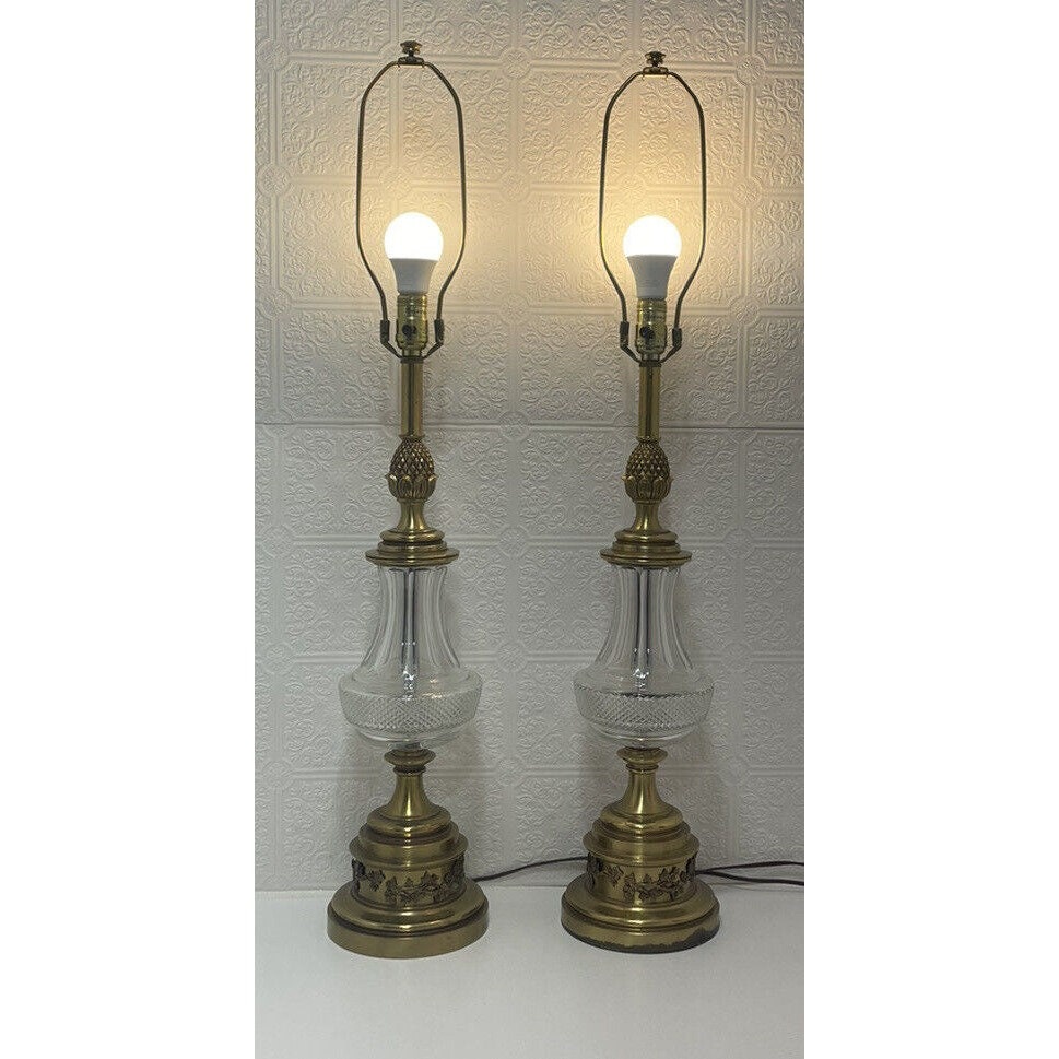 Stiffel 2 Vintage Crystal Cut Glass Brass Table Lamp 34.5 Tall