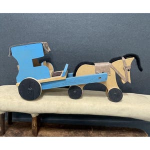 Vintage Handcrafted Wooden Horse Cart Toy: Painted Blue Amish Folk Art