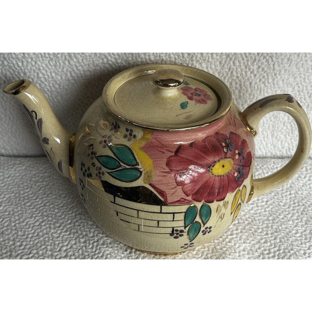 Vintage James Sadler Teapot 1960s Multicolored Floral & Gold Trim