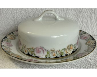 Plato de mantequilla cubierto de porcelana Preciosas rosas rosadas y amarillas con borde negro y dorado