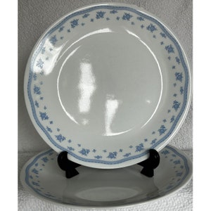 May include: Two white ceramic dinner plates with a blue floral pattern around the rim. The plates are stacked on top of each other.