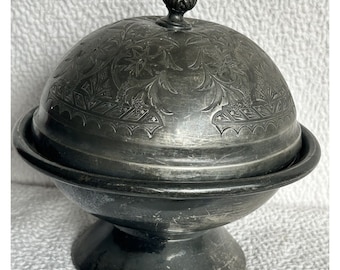 Antique 1890s Pewter Lidded Butter Dish With Unique Finial Top Nice Patina
