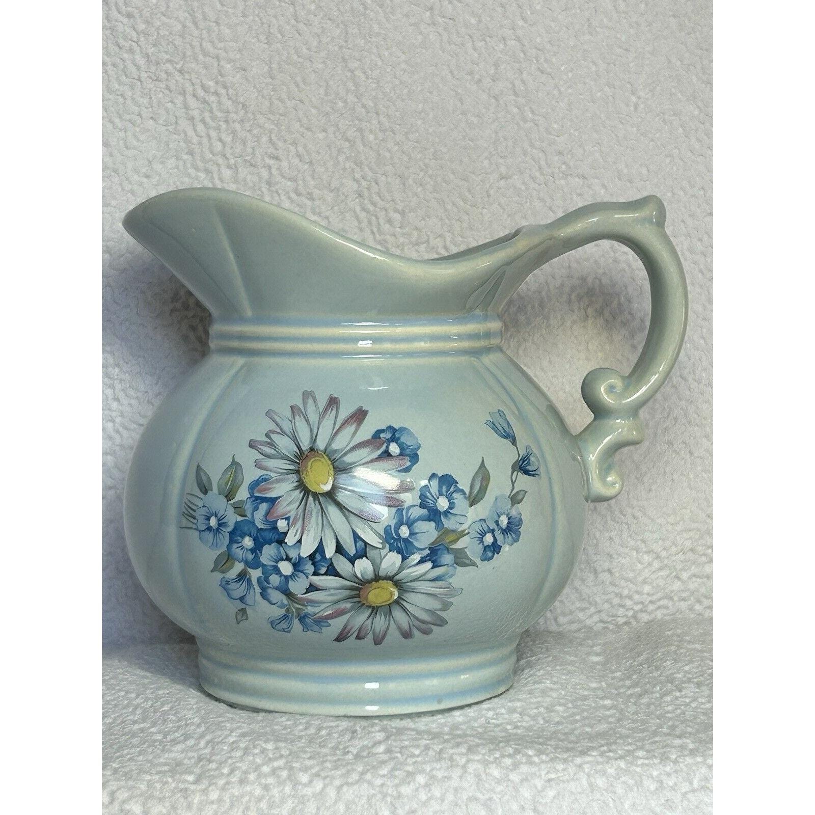 Vintage Mccoy Pitcher 7528: Baby Blue Floral Daisies, USA Pottery