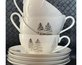 Fukagawa China Arita Silver Tree # 224 Set of 4 Cups and Saucers