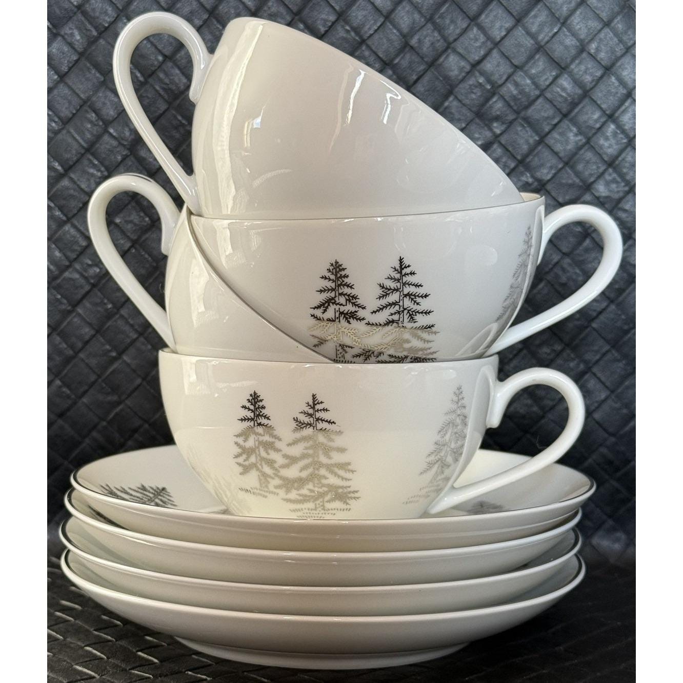 アーリアティー Fukagawa China Arita Silver Tree # 224 Set of 4 Cups and Saucers