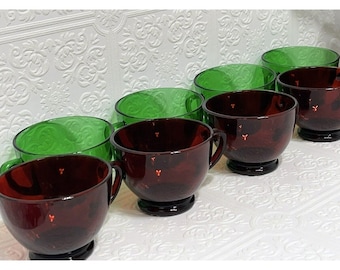 Green & Cranberry Red Glass Depression Glass Tea Cup Or Coffee Vintage 8 cups