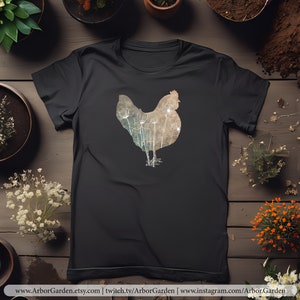 Arbor Garden Chicken Unisex Jersey T-Shirt | Tan Peach Teal Hen Shirt, White Flower Silhouette Art Print Top | Size Small to 3XL | 16 Colors