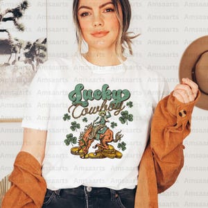Lucky Cowboy Png, howdy go lucky png sublimation, western st Patrick’s day png, cowgirl western designs, st patricks day design retro png