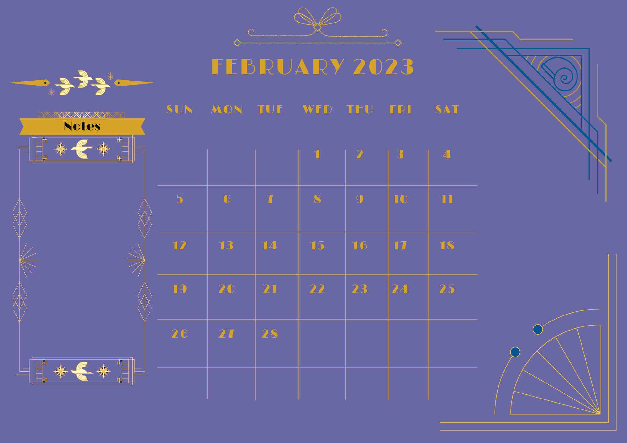 Art Deco Inspired Wall Calendar 2023 A4 Horizontal Wall Etsy Ireland