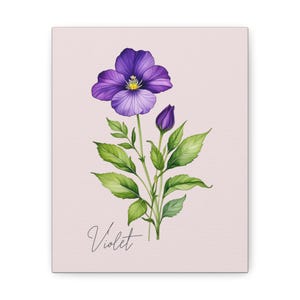 May include: A watercolor painting of a purple violet flower with green leaves and a bud. The flower is on a light pink background with the word "Violet" written in cursive below the flower.