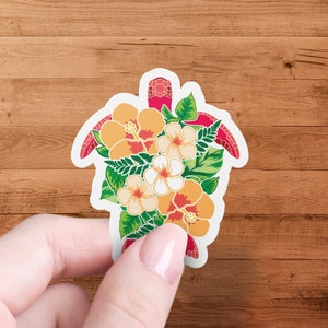 Colorful Floral Turtle Sticker, Cute Sea Turtle Decal, Ocean Animal Art Sticker, Tropical Flower Design, Laptop and Water Bottle Sticker