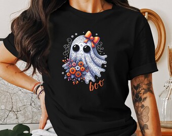 Camiseta de Halloween con lindos fantasmas, lazos y flores, camiseta Boo