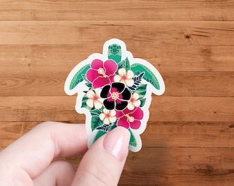 Colorful Sea Turtle with Flowers Sticker, Turtle Sticker with Floral Design, Turtle and Flowers Vinyl Decal, Nature-Inspired Sticker