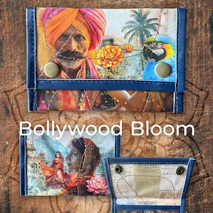Bollywood Bloom Geldbörse / Reisepasshülle – Spirituelle Collage aus Nepal, handgemacht & upgecycelt