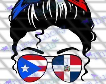 May include: A black and white illustration of a woman with a messy bun. The bun is decorated with a red, white, and blue bandana. The woman is wearing sunglasses with the Puerto Rican flag on one lens and the Dominican Republic flag on the other.