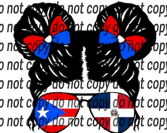 May include: A black and white silhouette of a girl with two red and blue bows in her hair. She is wearing sunglasses with the Puerto Rican flag on one lens and the Dominican Republic flag on the other.