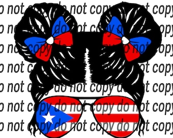 May include: A black and white illustration of a woman with two red and blue bows in her hair. She is wearing sunglasses with the Puerto Rican flag on the lenses.