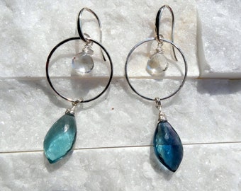 Natural Fluorite - Rock Quartz Crystal- Sterling Silver Modernist Earrings