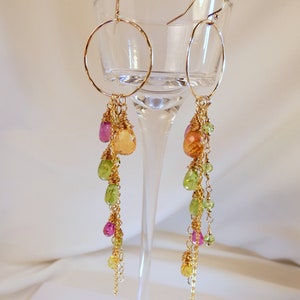 Pink Sapphire-Peridot-Citrine- Long Gold Earrings  Spring Party!