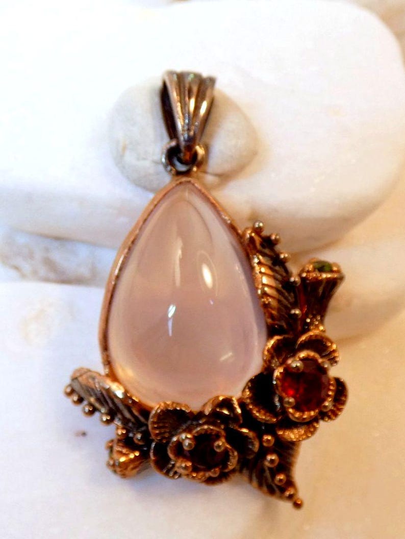Rose Quartz Rhodolite Garnet Rose Gold Vermeil Pendant Botanical Flowers image 5