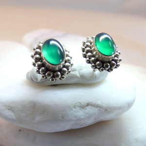 Vintage Green Onyx Gemstone Sterling Silver Artisan Handmade Stud Earrings
