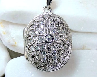 New Sterling Silver & Plate Marcasite Filigree Locket Pendant w/ Crystal Heart