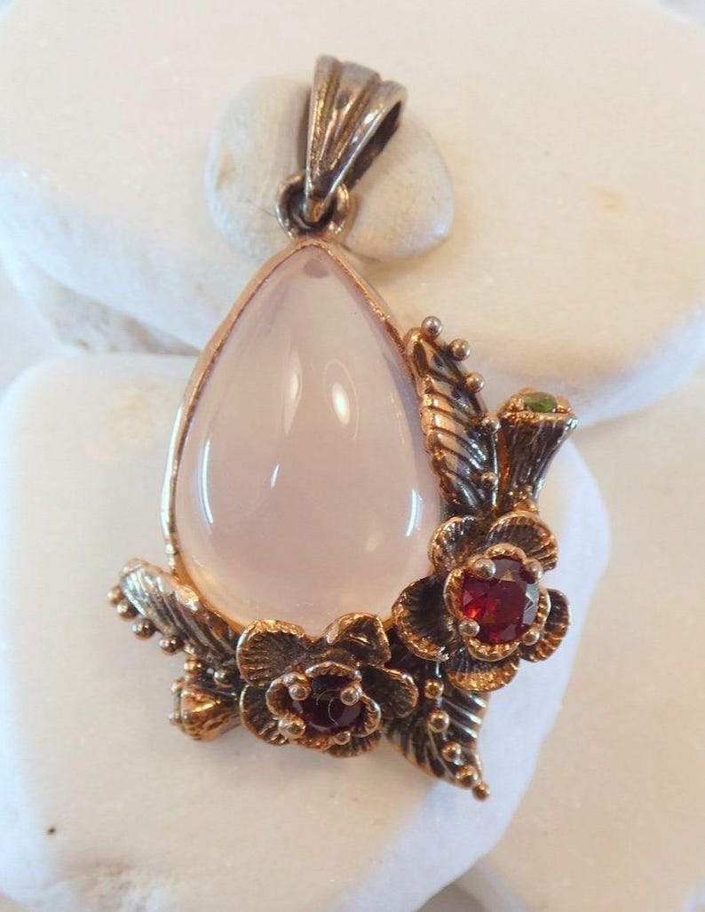 Rose Quartz Rhodolite Garnet Rose Gold Vermeil Pendant Botanical Flowers image 2