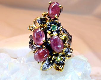 Natural Pink Tourmaline Emerald Oxidized Sterling Silver Ring Vine Botanical
