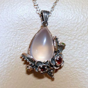 Rose Quartz Rhodolite Garnet Rose Gold Vermeil Pendant Botanical Flowers image 1