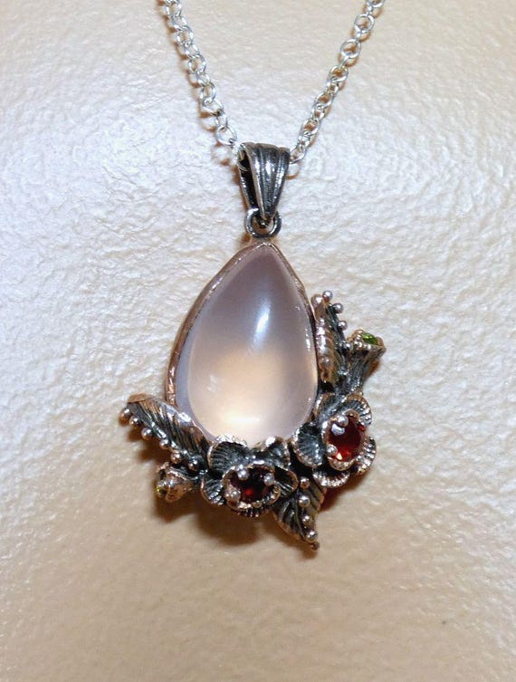 Rose Quartz Rhodolite Garnet Rose Gold Vermeil Pendant Botanical Flowers