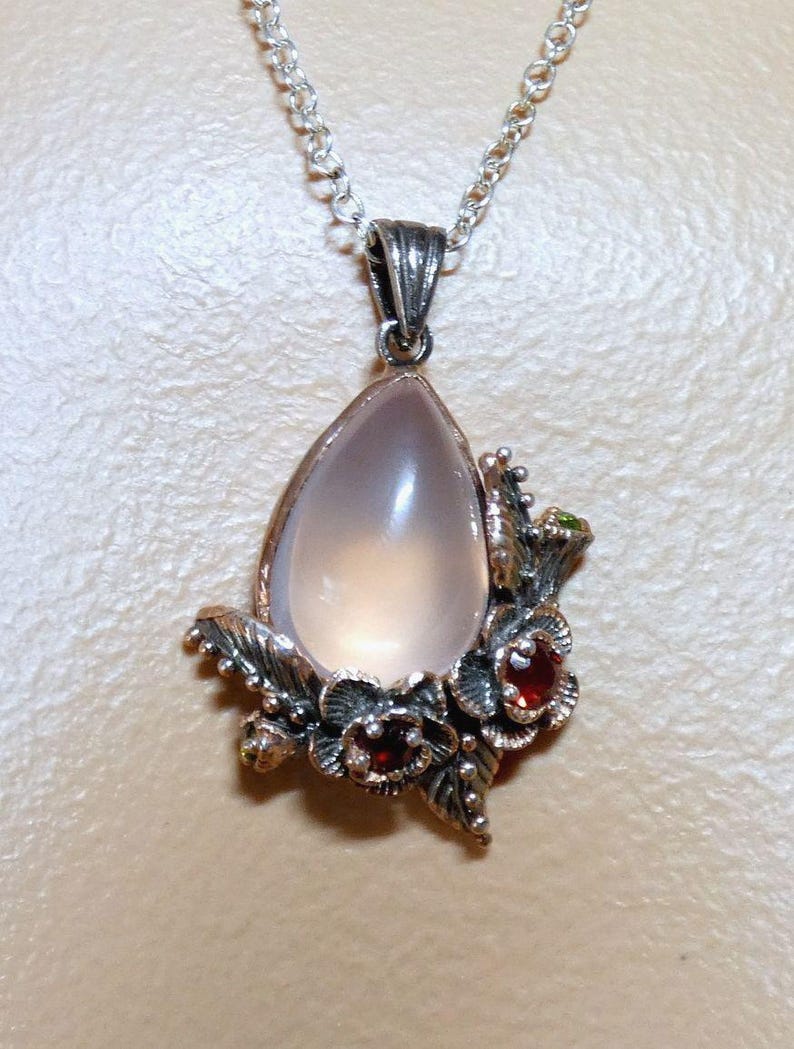 Rose Quartz Rhodolite Garnet Rose Gold Vermeil Pendant Botanical Flowers image 1