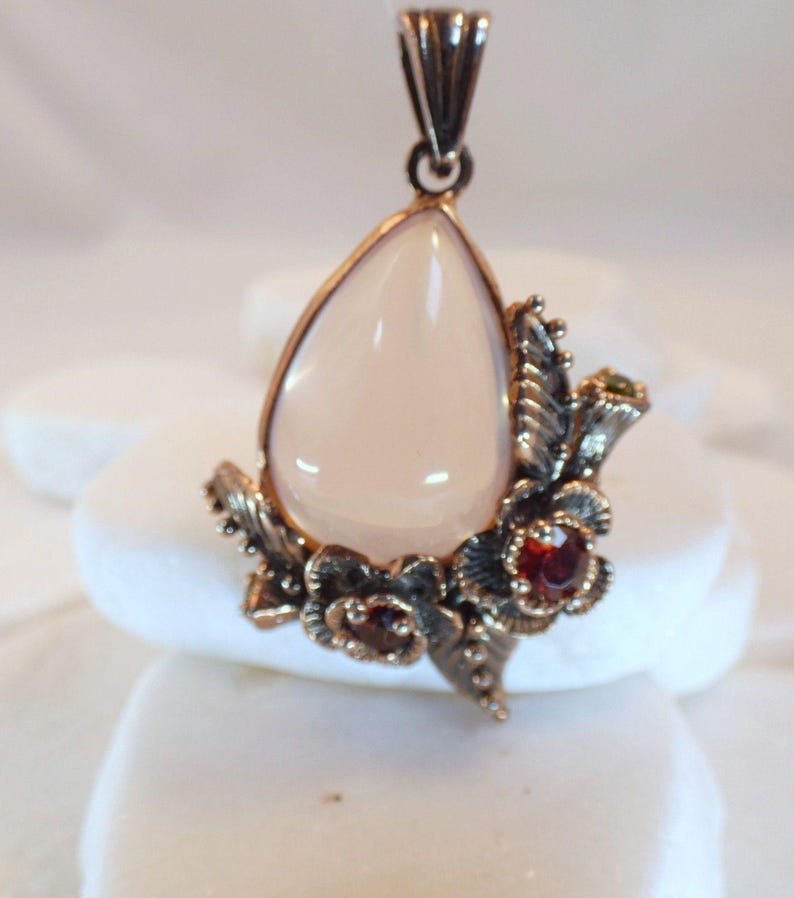 Rose Quartz Rhodolite Garnet Rose Gold Vermeil Pendant Botanical Flowers image 4
