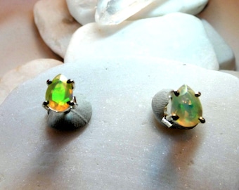 Natural Glowing Ethiopian Opal Teardrop Sterling Silver Stud Earrings