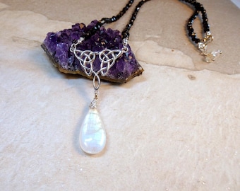 Rainbow Moonstone - Celtic - Black Spinel Necklace
