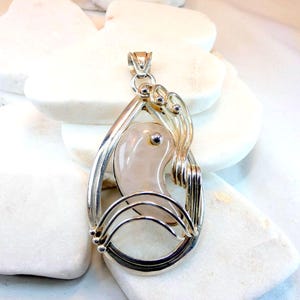 Sterling Silber Rosenquarz Edelstein Großer Handwerker Anhänger Yin Yang 26g