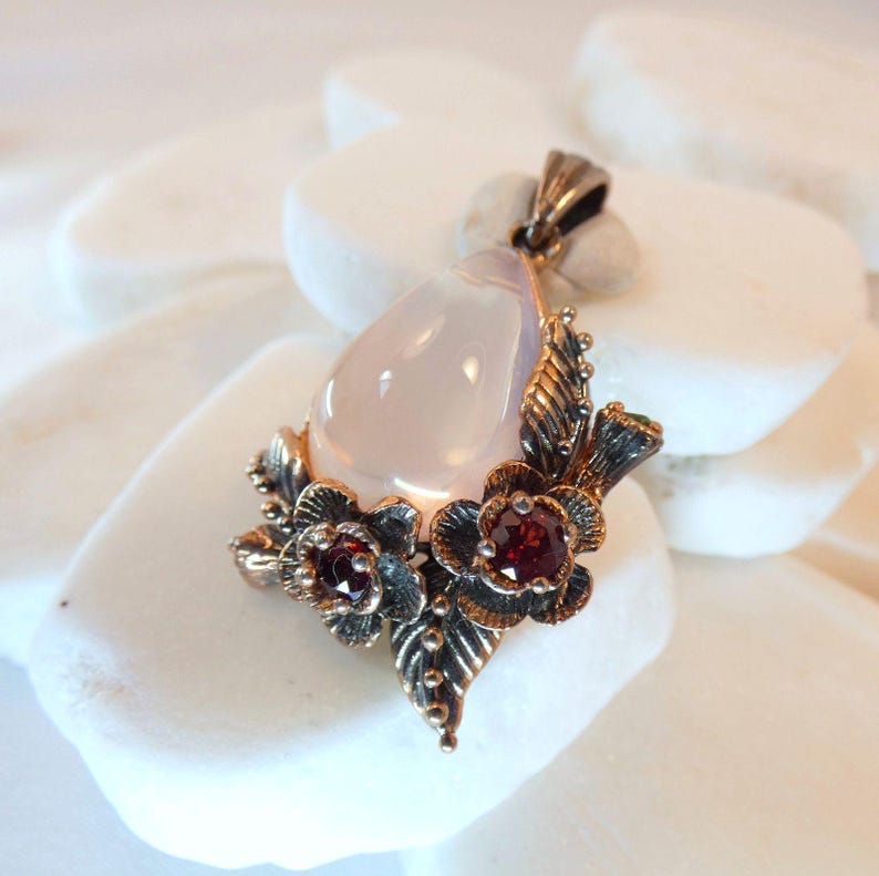 Rose Quartz Rhodolite Garnet Rose Gold Vermeil Pendant Botanical Flowers image 6