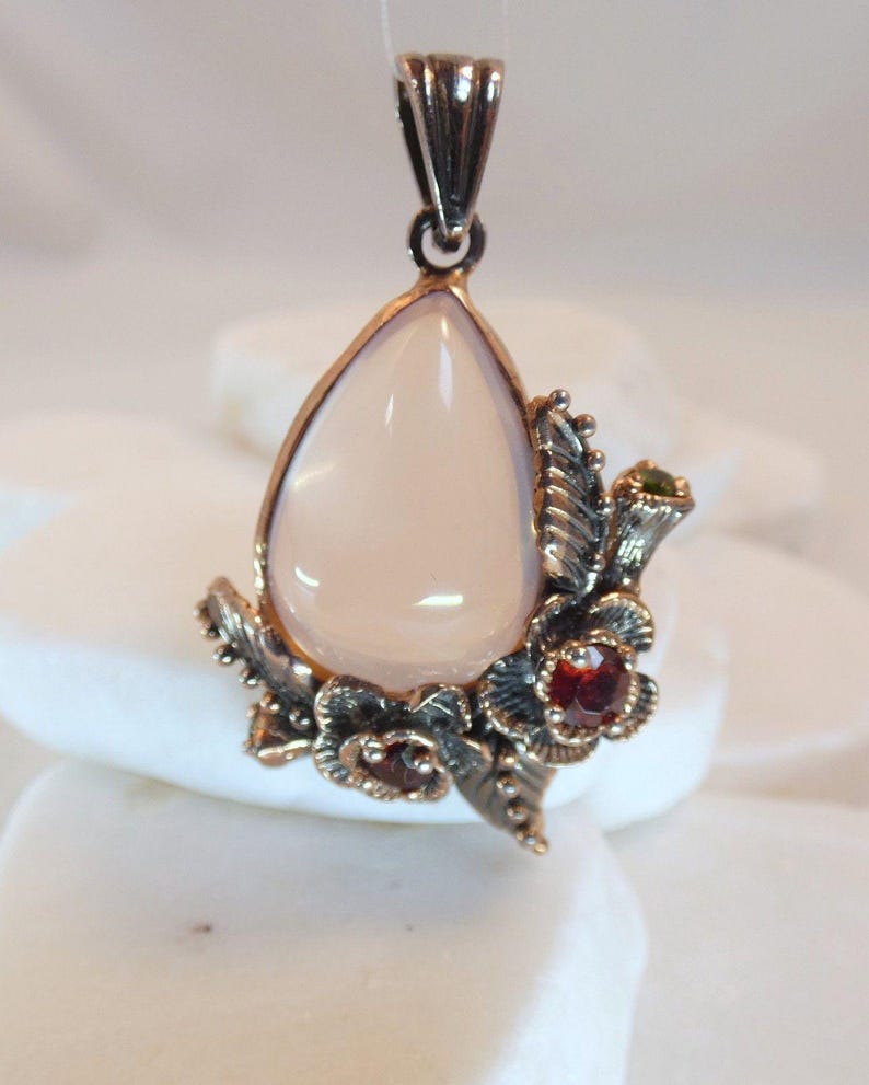Rose Quartz Rhodolite Garnet Rose Gold Vermeil Pendant Botanical Flowers image 3