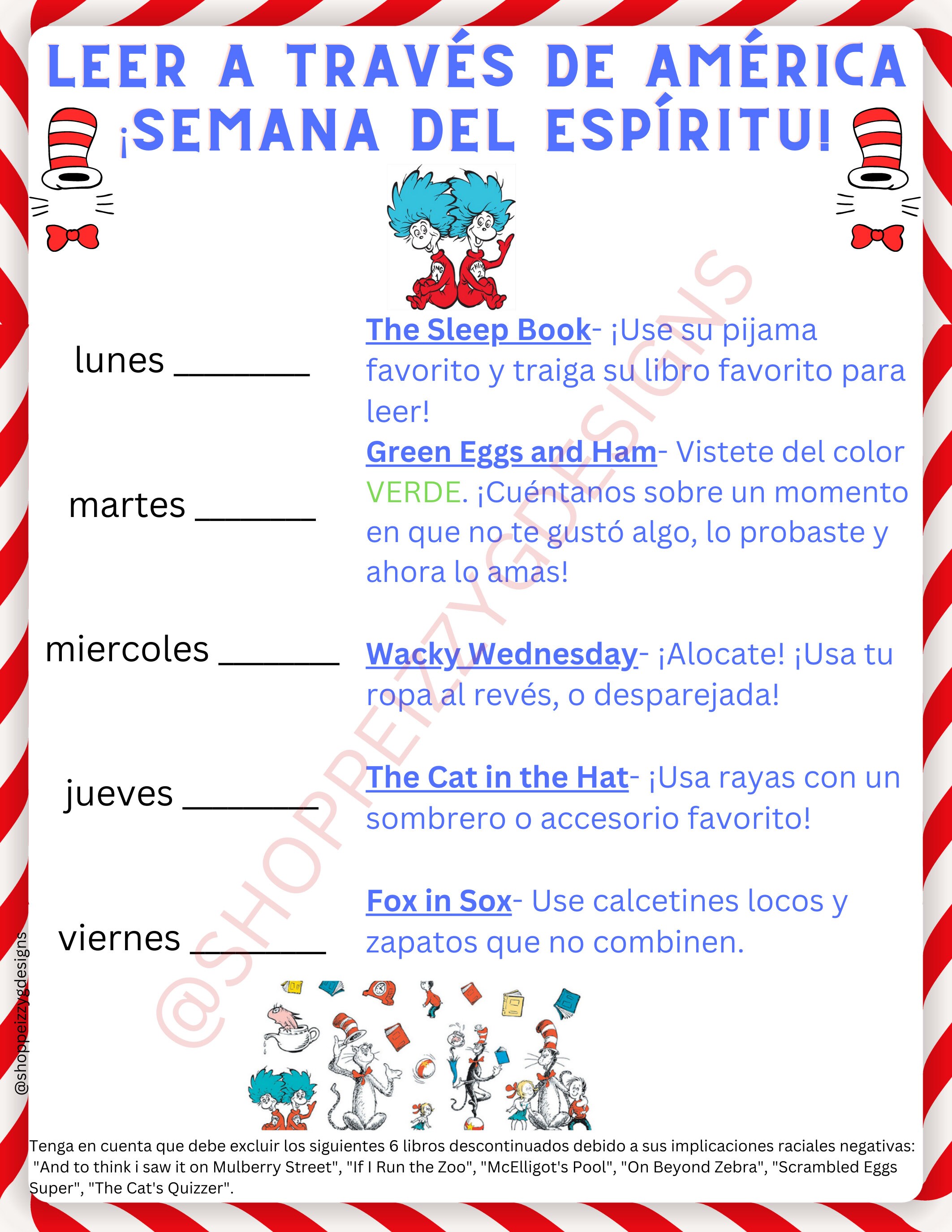 EDITABLE BILINGUAL Read Across American Spirit Week Flyer, Dr Seuss Spirit Week, Cat in the Hat ...