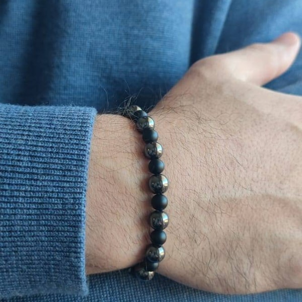 Bracelet homme pierre naturelle, hématite et onyx noir, creaam92