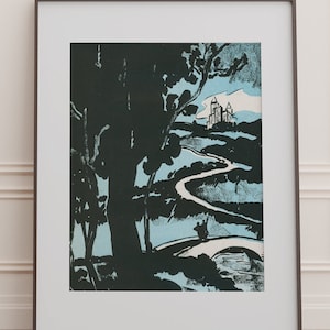 Castle on Hill Vintage Art Print in Blue & Black / DIGITAL DOWNLOAD / Fairy Tale Landscape Poster - Simple Antique Artwork Old Art Printable