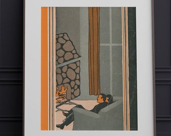 Impression d'art mural MCM vintage Couple au coin du feu / TÉLÉCHARGEMENT NUMÉRIQUE / oeuvre d'art moderne du milieu du siècle de la maison au coin du feu - affiche imprimable vintage