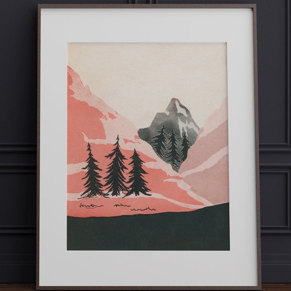 Vintage Pink Mountain Art Print / DIGITAL DOWNLOAD / Antique Nature Artwork Poster - Forest Illustration in Peach Black - Midcentury Modern