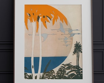 Vintage Tropical Art Print / DIGITAL DOWNLOAD / Antique Palm Tree Tropics Wall Art Printable Poster - 1920s Beach Old Artwork in Blue Orange