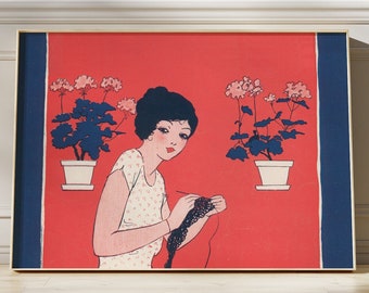 窓辺で植物と編み物をする女性のヴィンテージプリント / デジタルダウンロード / 植物愛好家と編み物愛好家のためのアンティークアート - グラフィックウォールアート