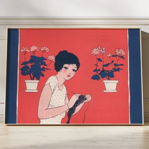 Vintage Print of Woman Knitting in Window with Plants / DIGITAL DOWNLOAD / Antique Artwork for Plant Lovers and Knitters - Graphic Wall Art